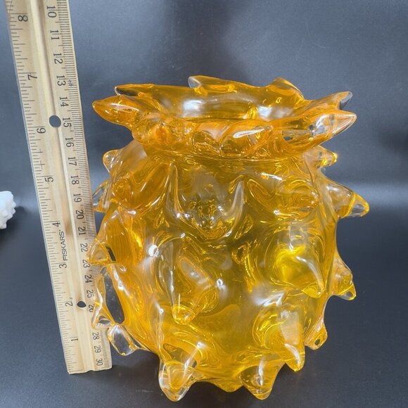 Brutalist Lazy Susan Amber Art Glass Thorn Vase Heavy Glass Vase Vessel Decor - Picture 5 of 16
